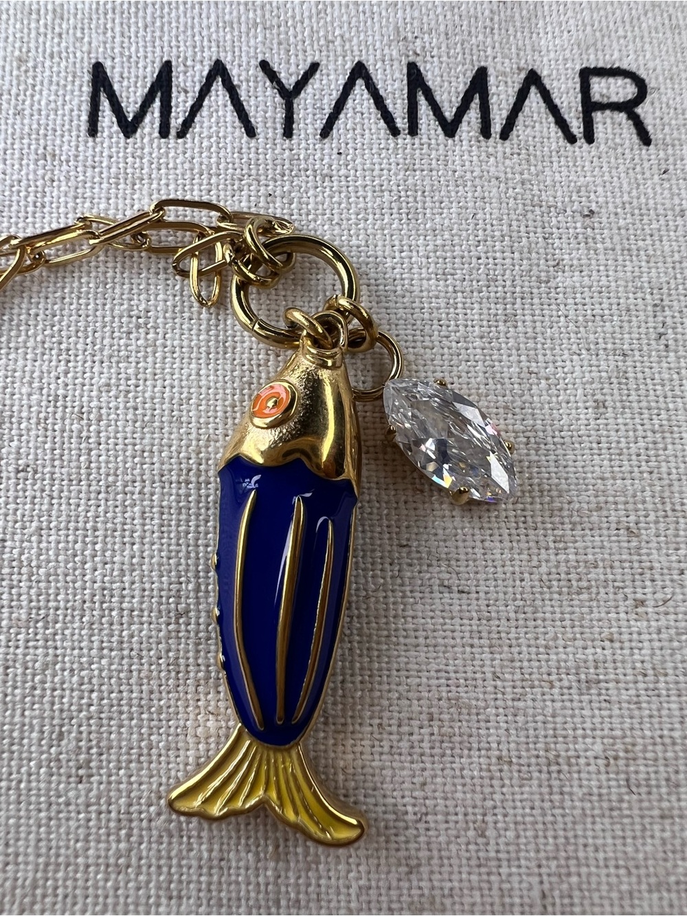 Gold-Tone Blue Fish Pendant Necklace with Marquise CZ  NWOT - Picture 3 of 5
